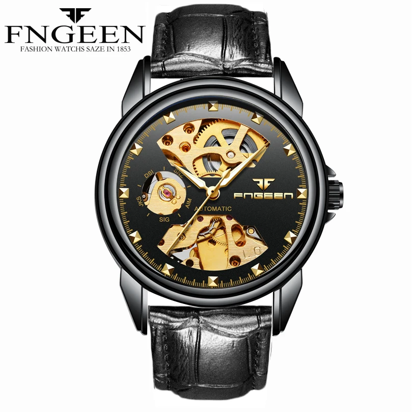 

FNGEEN Fashion Brand Leather Band Women Men Skeleton Mechanical Watch Men Women Dress Roman Mechanical Wrist Watch