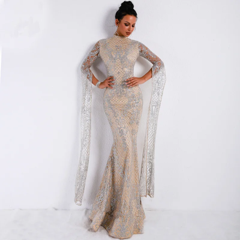 

New trend dress ladies elegant long-sleeved wedding mopping evening dress long skirt fashion simple banquet evening dress