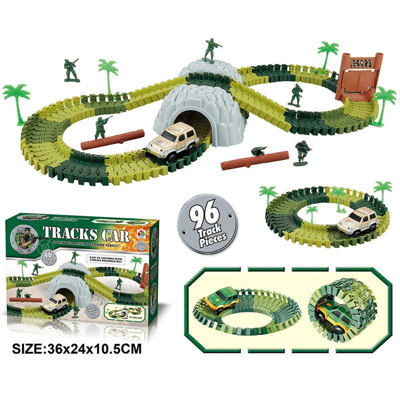 

96PCS/SAT Track Toys Create a Road Military Diecast Flexible Track Bend Set With Accessories Educational Toys Military Track Car