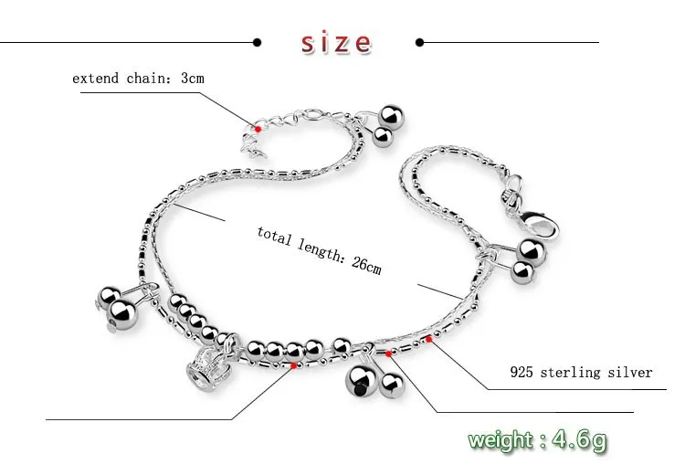 Твердое подлинное 925 стерлингового серебра браслеты на ногу с подвеской в виде короны простой Серебряные ножные браслеты двойные колокола чистый натуральный Серебряный ножной браслет