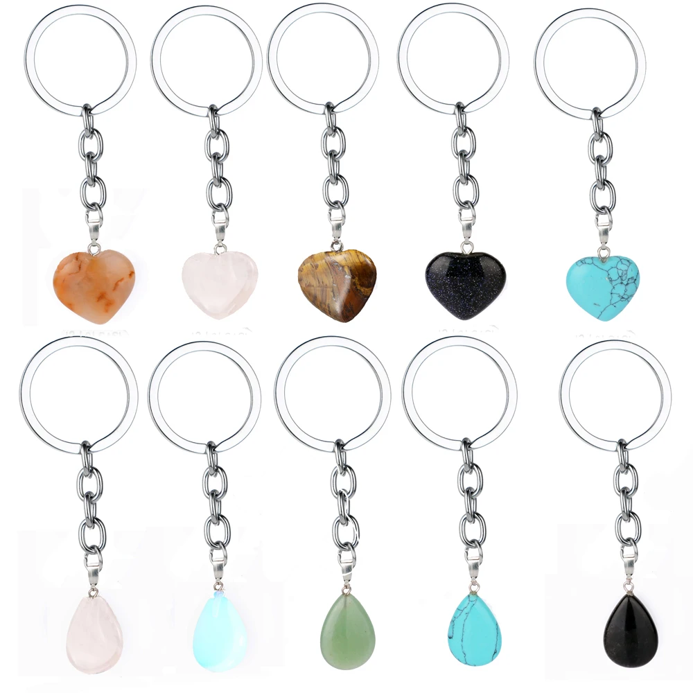 Natural Heart Stone Keychain Water Drop Keyring Pendant Charm Crystal Women Men Love Gifts Jewelry Key Ring Trendy Fashion | Украшения и