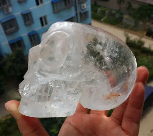 

huij 00927 Rare Natural Rainbow Clear Quartz Crystal Skull healing Bronze Statue
