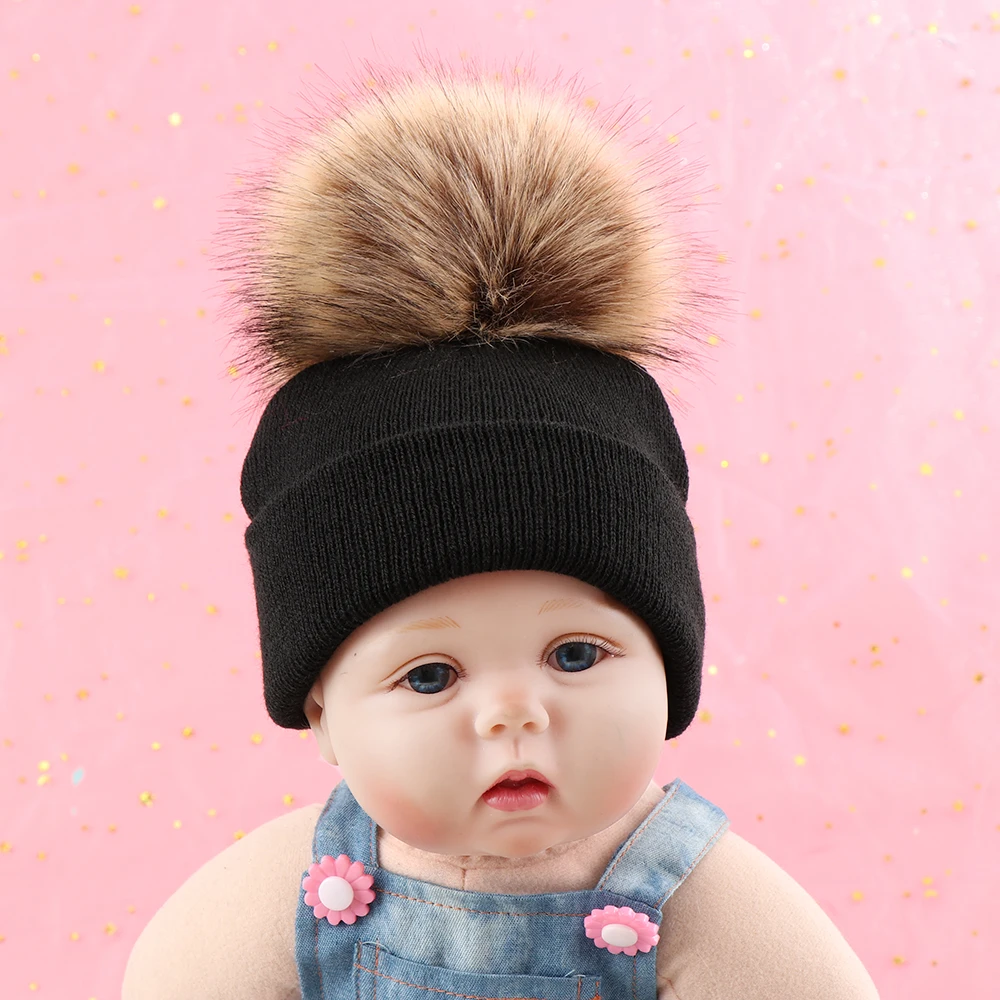 Natural Faux Fur Ball Hat For Kids Baby Boys Girls Winter Ball Knit