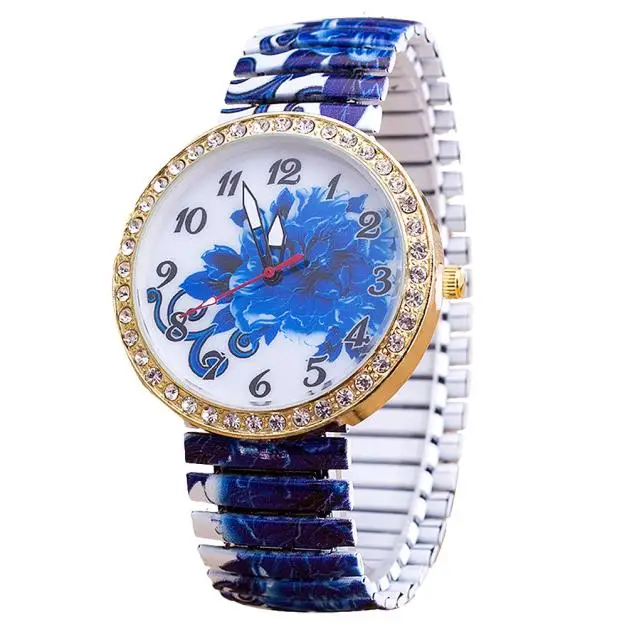 Роскошные Брендовые женские часы эластичность ремешок из нержавеющей стали женские кварцевые наручные часы синие цветы термоусадочные часы браслет Reloj