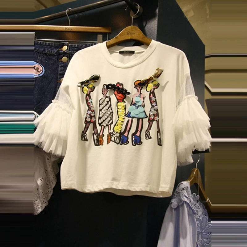 

MAPUSITOM T Shirt Women 2019 Fashion Cartoon Sequins T-shirt Female Summer Stitching Mesh Short Sleeve Tshirt Ladys Tops Tees