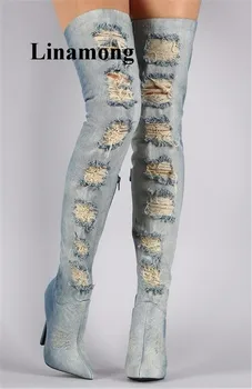 

Spring Autumn Long tube Over-the-Knee Pointed Toe Thin High Heel Holes Fashion Women Boots Rear Zipper Denim High Heel Boots