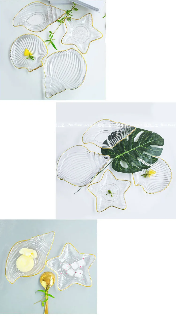 Glass Golden Ocean Conch Starfish Jewelry Dish Breakfast Steak Western Food Fruit Plates Storage Tray Decoration Crafts Gifts