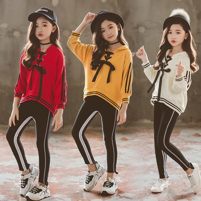 

Girls Clothes Sets Autumn long Sleeve Hooded Lace T-shirt +pants 2pc Suits Teenager Casual Clothes Sets Tracksuit Girls Clothing
