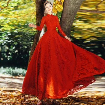 

Women Vintage Lace Dress 2018 New Spring Autumn Girls Stand Collar Evening Party Dresses Maxi Long Vestidos