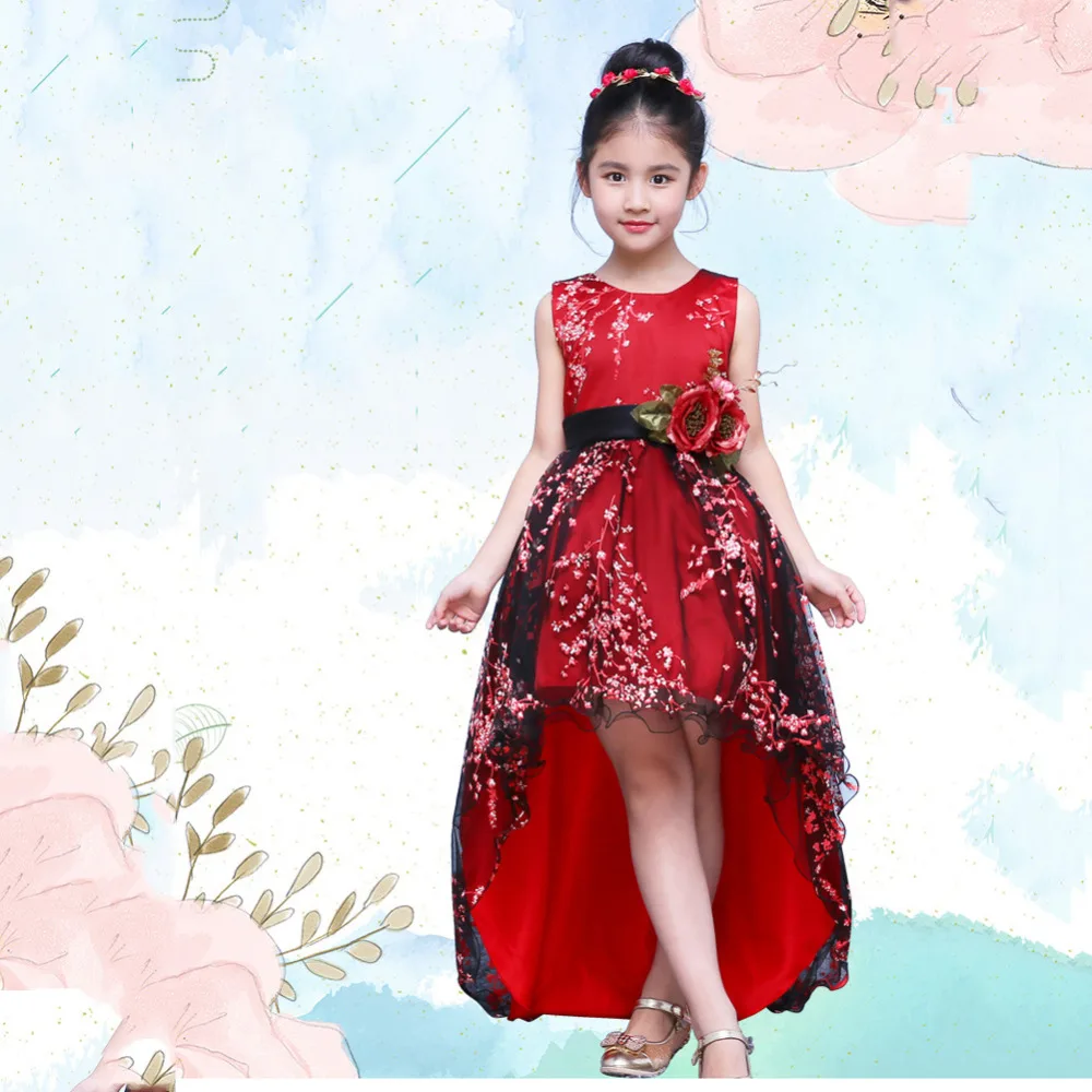 

Girls Princess Dress Girls Ball Gown Dress Long Trailing Red Embroidery Floral Girl's Evening dress with Belt Wedding Girl Dress