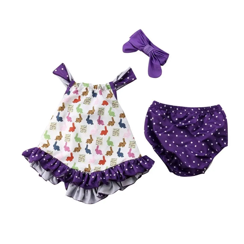 3Pcs Cute Girl Clothes Summer Kids Baby Girl Rabbit Print Tops Toddler Baby Wave Point Shorts Purple Summer Outfit Set