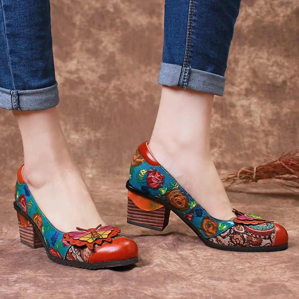 SOCOFY/классические туфли-лодочки в винтажном стиле; ручная роспись; цветочный узор; сплайсинга; Бабочка; туфли-лодочки из натуральной кожи без застежки; женская обувь на высоком каблуке