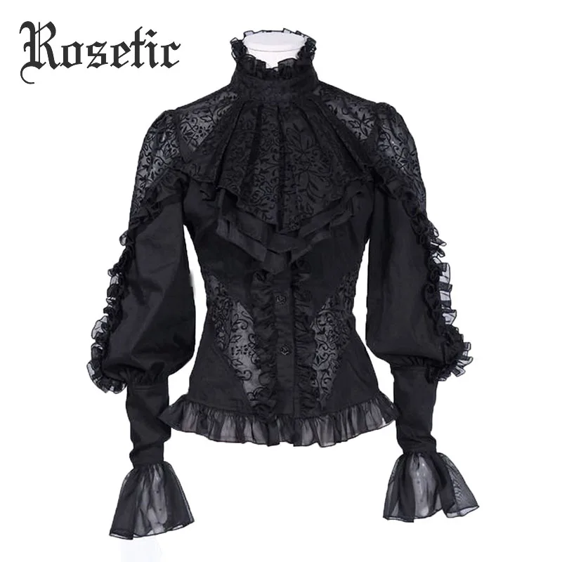 

Rosetic Hollow Embroidery Lace Blouse Lantern Full Sleeves Stand Collar Shirt Fashion Women Slim Gothic Lace-Up Bow New Shirts