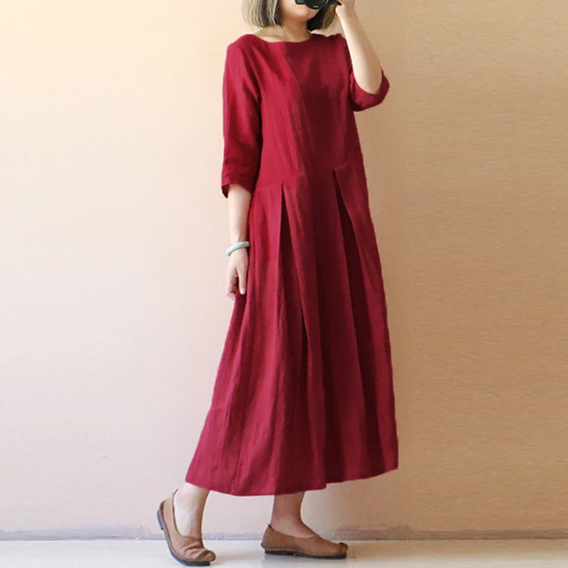 Женское летнее винтажное Повседневное платье, лето-осень, короткий рукав, сплошное свободное плиссированное платье, кафтан, длинное платье размера плюс - Цвет: Красный