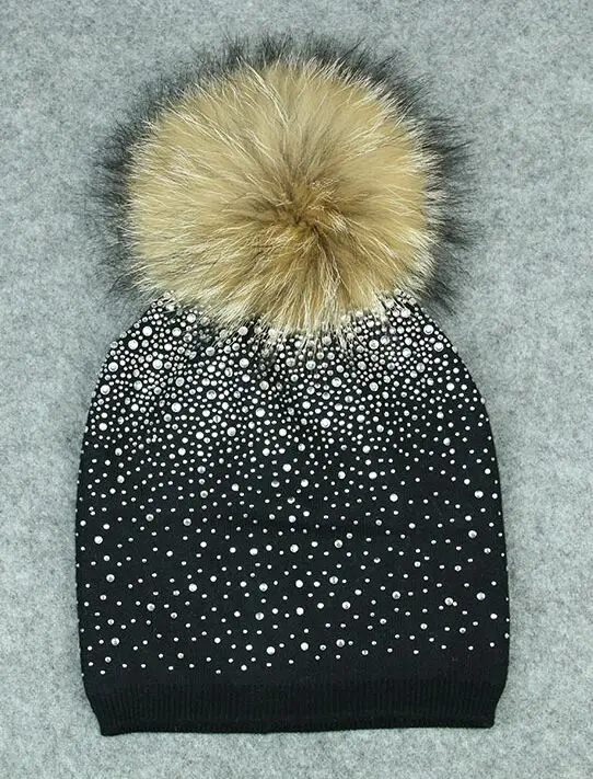 KUE019 Natural Fur Pom pom Knitted Hat Winter Wool Women Genuine Fur Ball Bobble Knit Beanies Bonnet Bones Skullies Rhinestone - Color: black