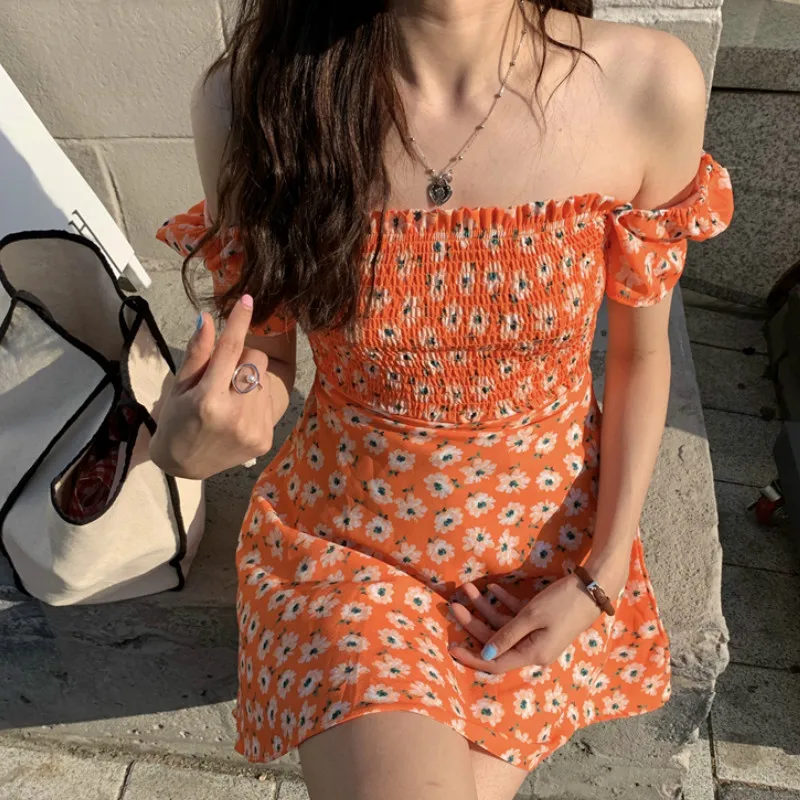 

Sweet Square Collar Short Puff Sleeves A-Line Floral Printed Dress Backless Mini Fairy Bandage Slash-Neck Dress Vestidos 2019