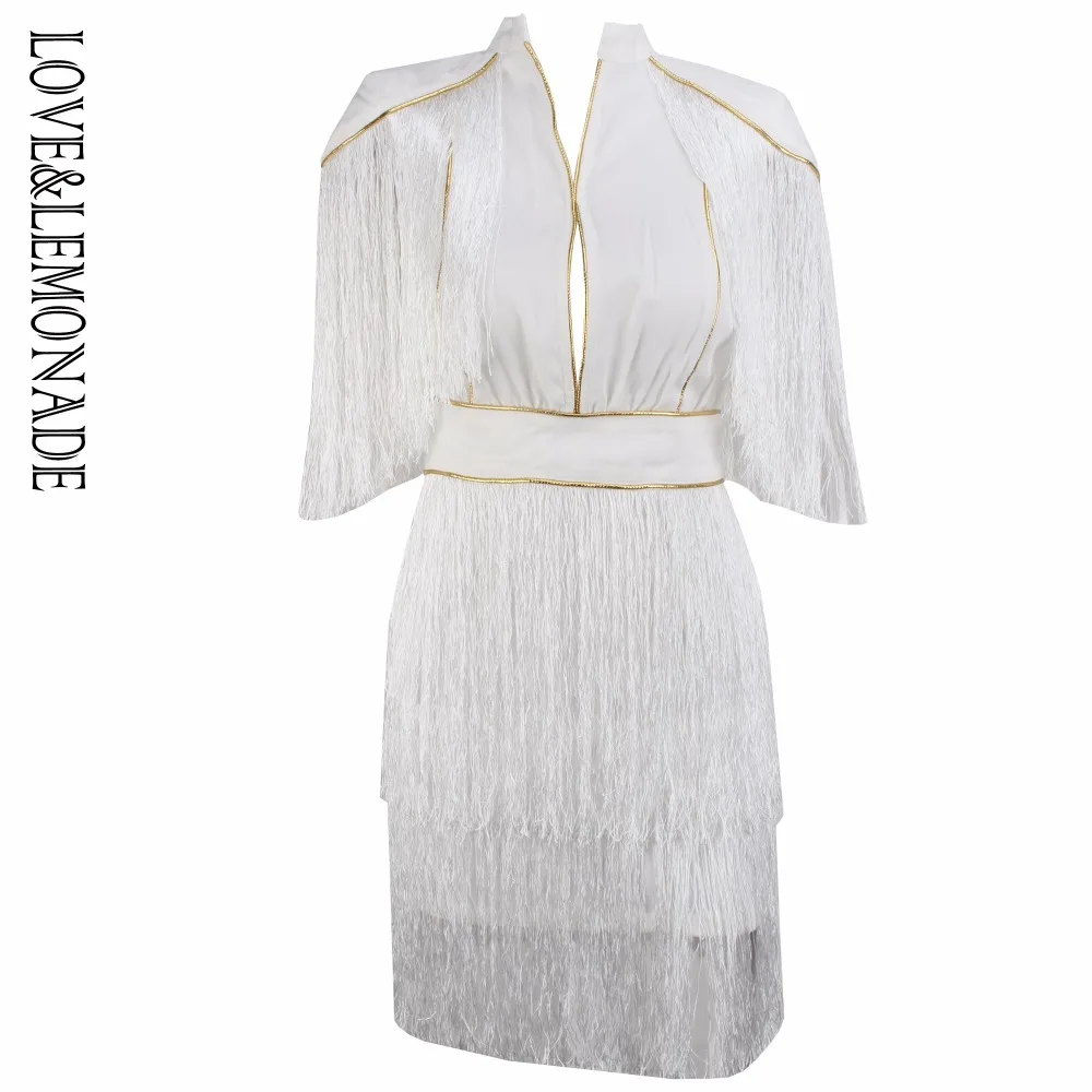 

LOVE & LEMONADE Collar Cut Out Tassel Splice Party Dress White LM80418