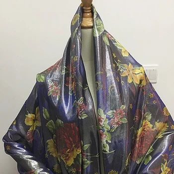 

Silver line and silk blended fabric floral print on deep blue background,SFF105