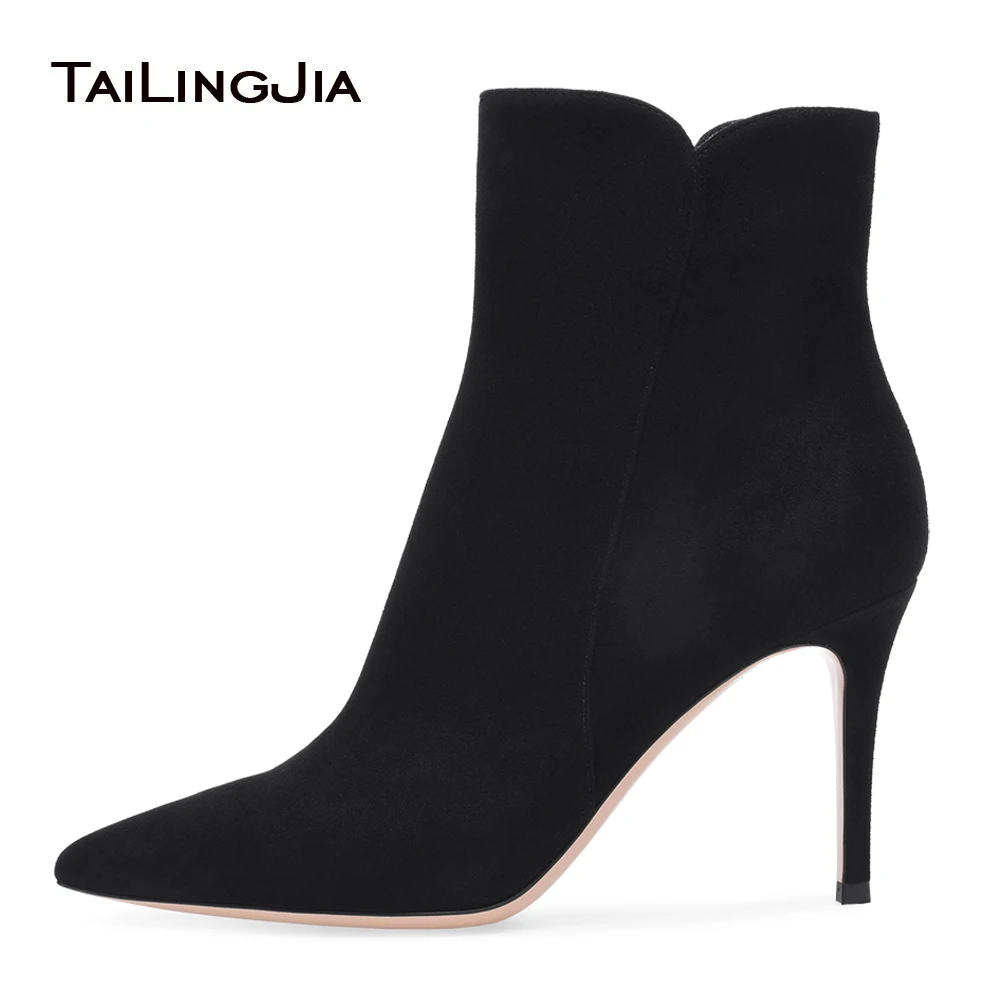 

Women Pointy Black Faux Suede High Heel Ankle Boots with Zipper Dark Green Heeled Booties Blue Boots Grey Heels Ladies Shoes