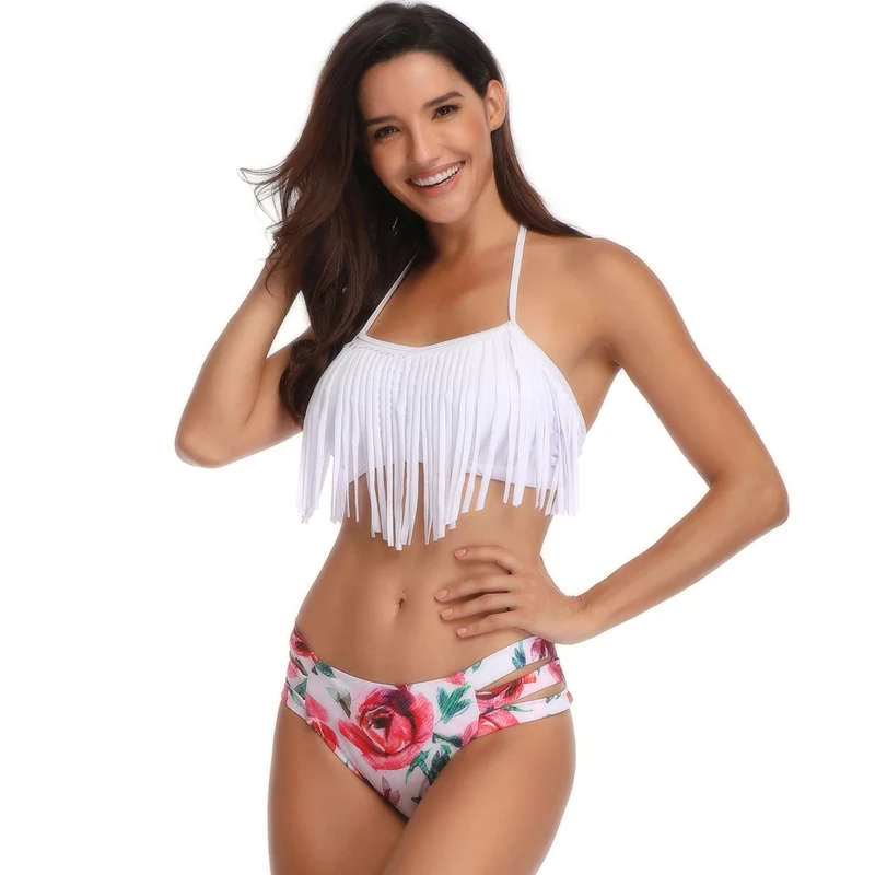 颜色1 Mujer Tassel Swimsuit Sexy Bikini High Waist Swimsuits Floral Sling Striped Parent Child Bikini Set Biquinis Feminino Bikini 