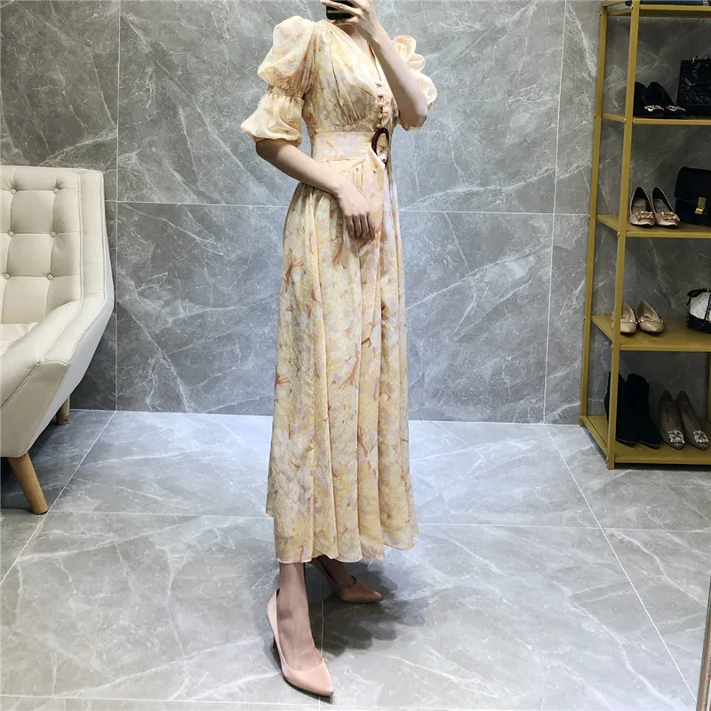 Zanzea Лидер продаж Vestido Longo Макси платье новое платье ретро суд v-образным вырезом однобортный с пышными рукавами печати талии макси женщины