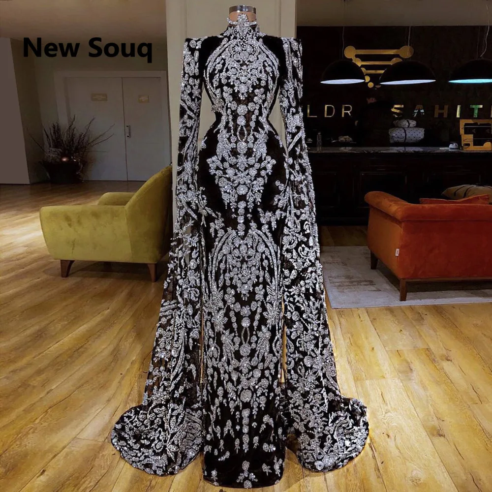 Kaftan High Neck Straight Evening Dresses Long Sleeves Crystal Lace Evening Gowns Saudi Arabic Long Prom Dress vestido de festa Kaftan High Neck Straight Evening Dresses Long Sleeves Crystal Lace Evening Gowns Saudi Arabic Long Prom Dress vestido de festa