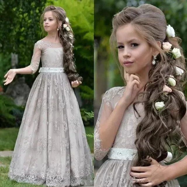 

Princess Flower Girls Dresses For Country Garden Weddings Sheer Lace Appliques Tulle Half Sleeves Girls Pageant Gown