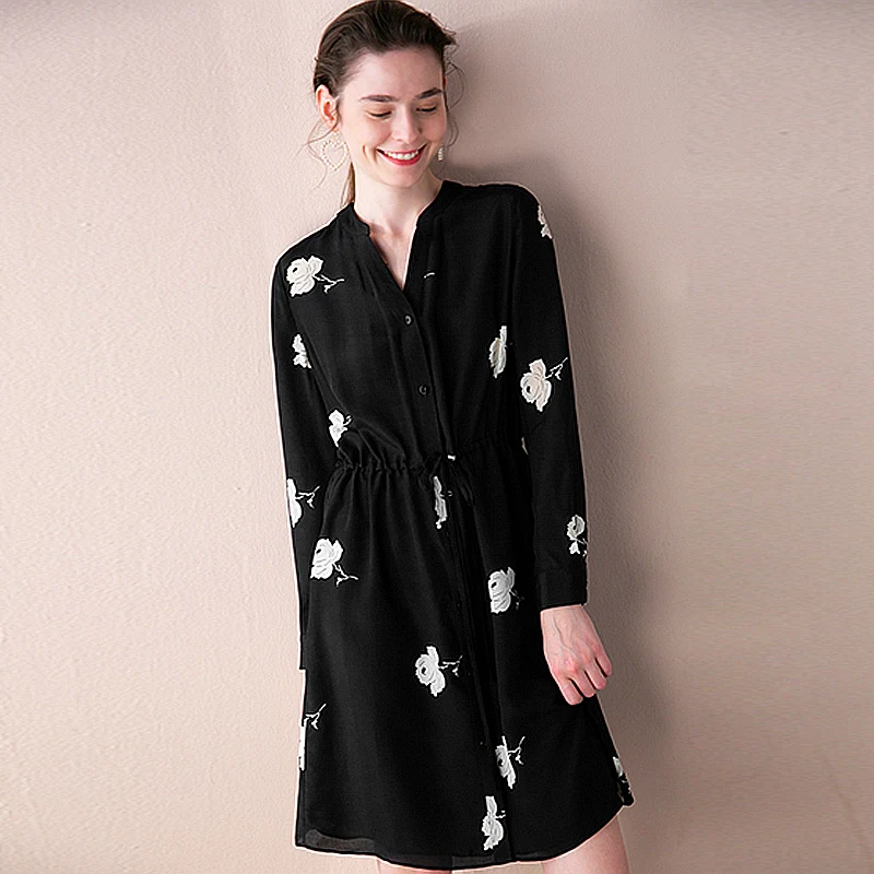 

100% Silk Dress Women Printed Simple Design V Neck Sashes Long Sleeves Straight Dress New Fashion Style Spring 2019