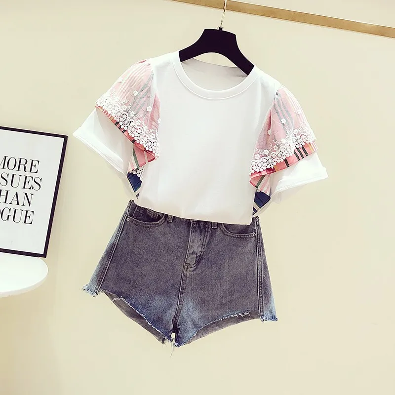 Kopen 2019 Zomer Nieuwe Koreaanse Mozaïek Lace Contrast Strepen Crew Neck Korte Mouw T shirt vrouwen Casual Jasje Pull Shirt Student T