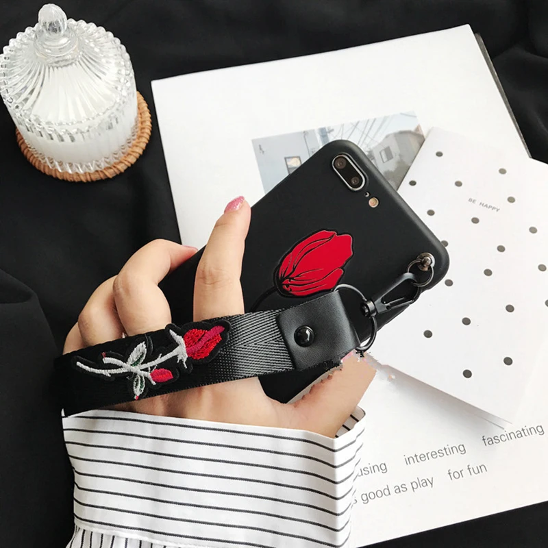 Phone Cover for iphone X Case Retro Relief Embroidery 3D Rose Wrist Strap Capa 7 8 6 6S Plus 7plus plus Shell Cases |
