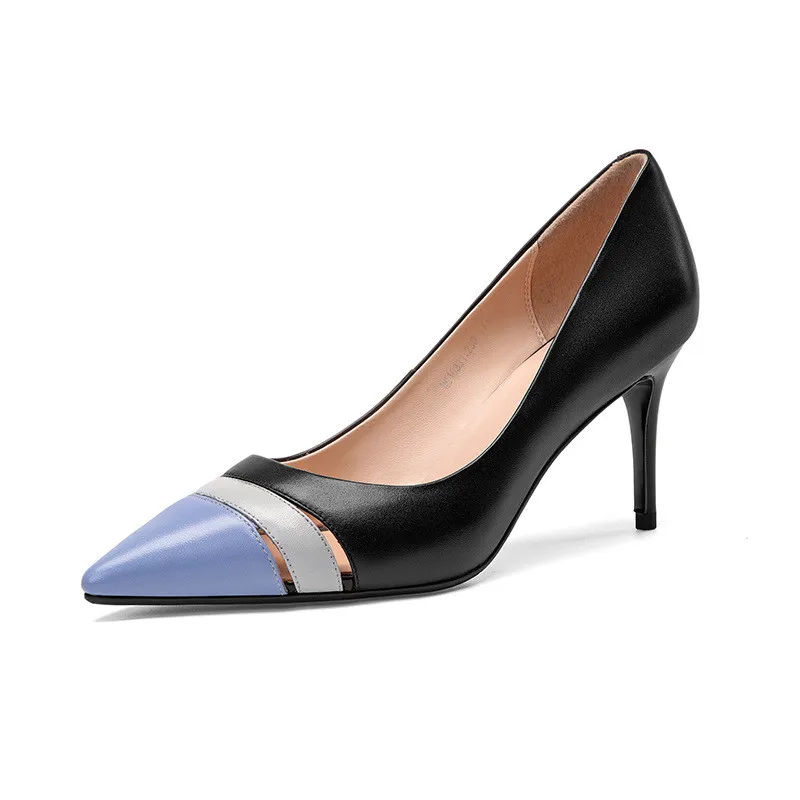 

2019 spring and autumn color matching pointed stiletto shallow high heel women's shoes black ljj 0324