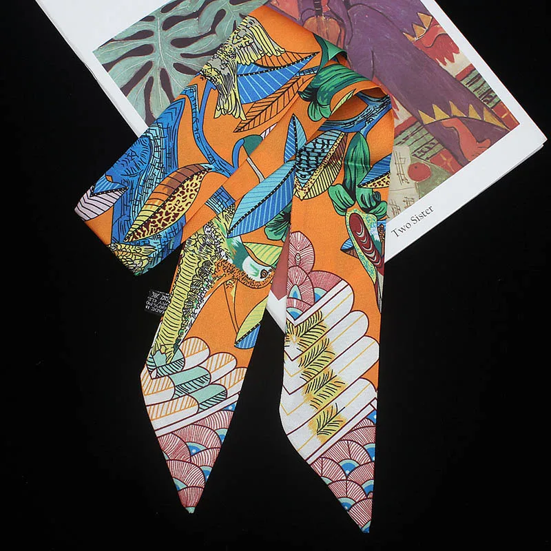 Птица цветочный принт Дизайн Роскошный бренд тощий маленькая сумка саржевый шелковый шарф для женщин Модный ленточный головной шарф с ручкой для волос - Цвет: C135-2