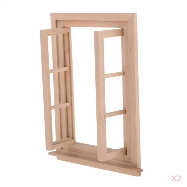 2 Set Unpainted 1/12 Dolls House Miniature Wooden Movable 6 Pane Double Window Model DIY Accessories Collections