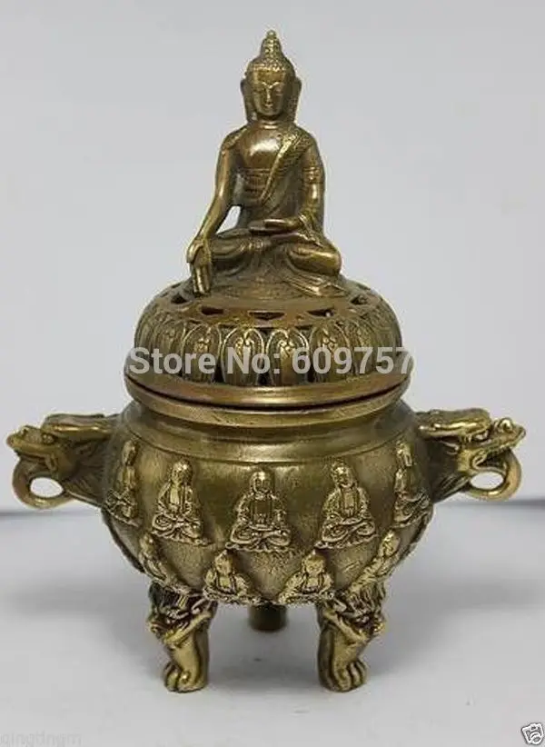 

rare luck Chinese Old Copper Buddha Dragon Incense Burner gift art bronze Genuine copper