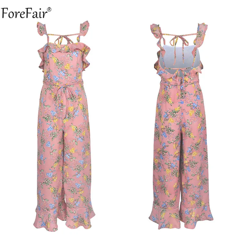 ForeFair Цветочный принт оборками комбинезон белый комбинезон женский комбинезон летние широкие брюки женские комбинезоны розовый