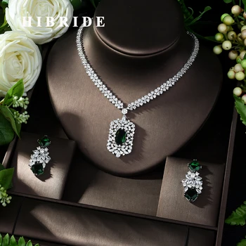 HIBRIDE Fashion Green  AAA CZ Jewelry Sets for Women Necklace Set Bijoux Femme Accessories Square Shape Jewelry Gifts  N-1016