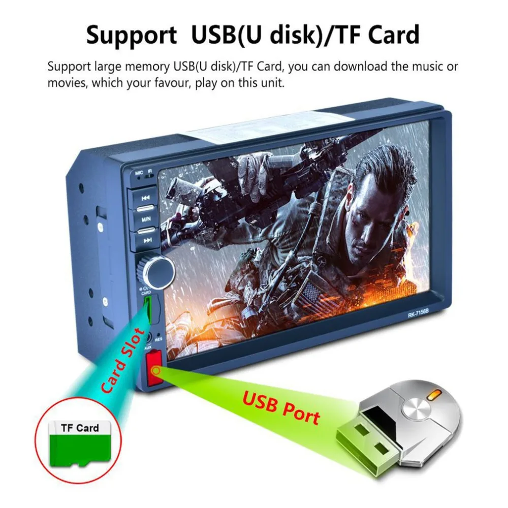 

RK-7156B/RK-7155B 2Din 7inch Car MP5 HD Touch Screen Bluetooth FM RDS Radio Fast Charge with Rear View Camera Multimedia Player