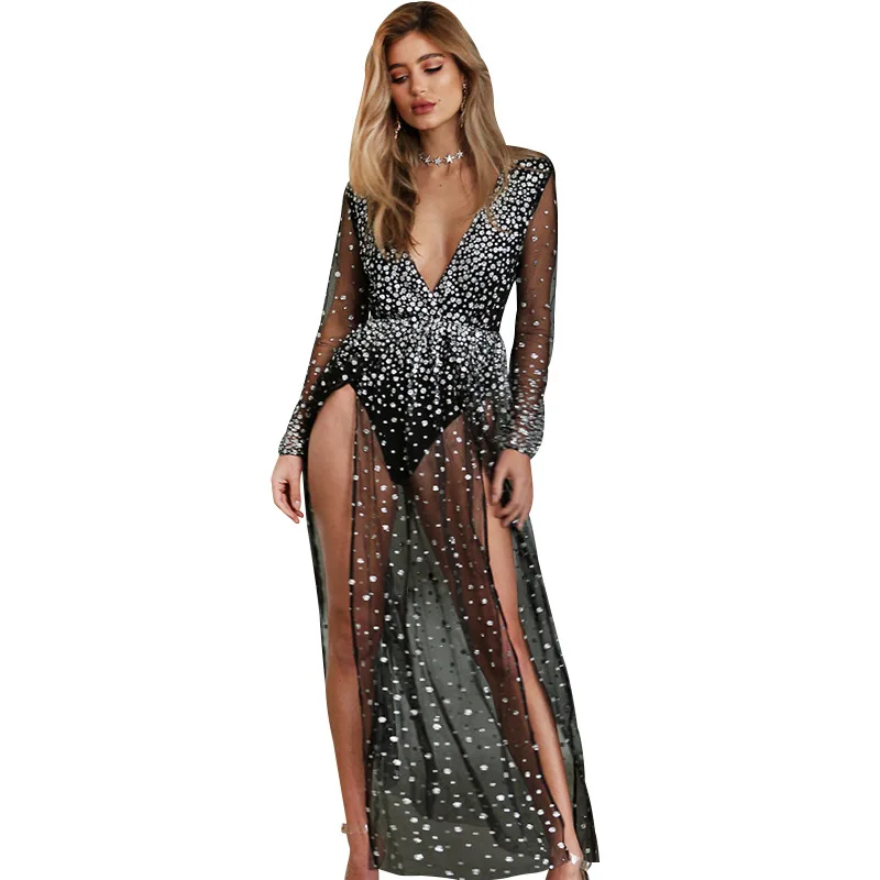

Women Sexy Deep V Neck Split Bodycon Dress Slim Mesh Perspective Club Party Dresses Black Maxi Dress Ceremony for Women Vestidos