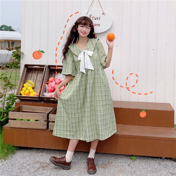 

2019 Summer Plaid Checks Sailor Collar Bow Neck Tie Short Sleeve Dress Long Mid-Calf Sweet Girls One Piece