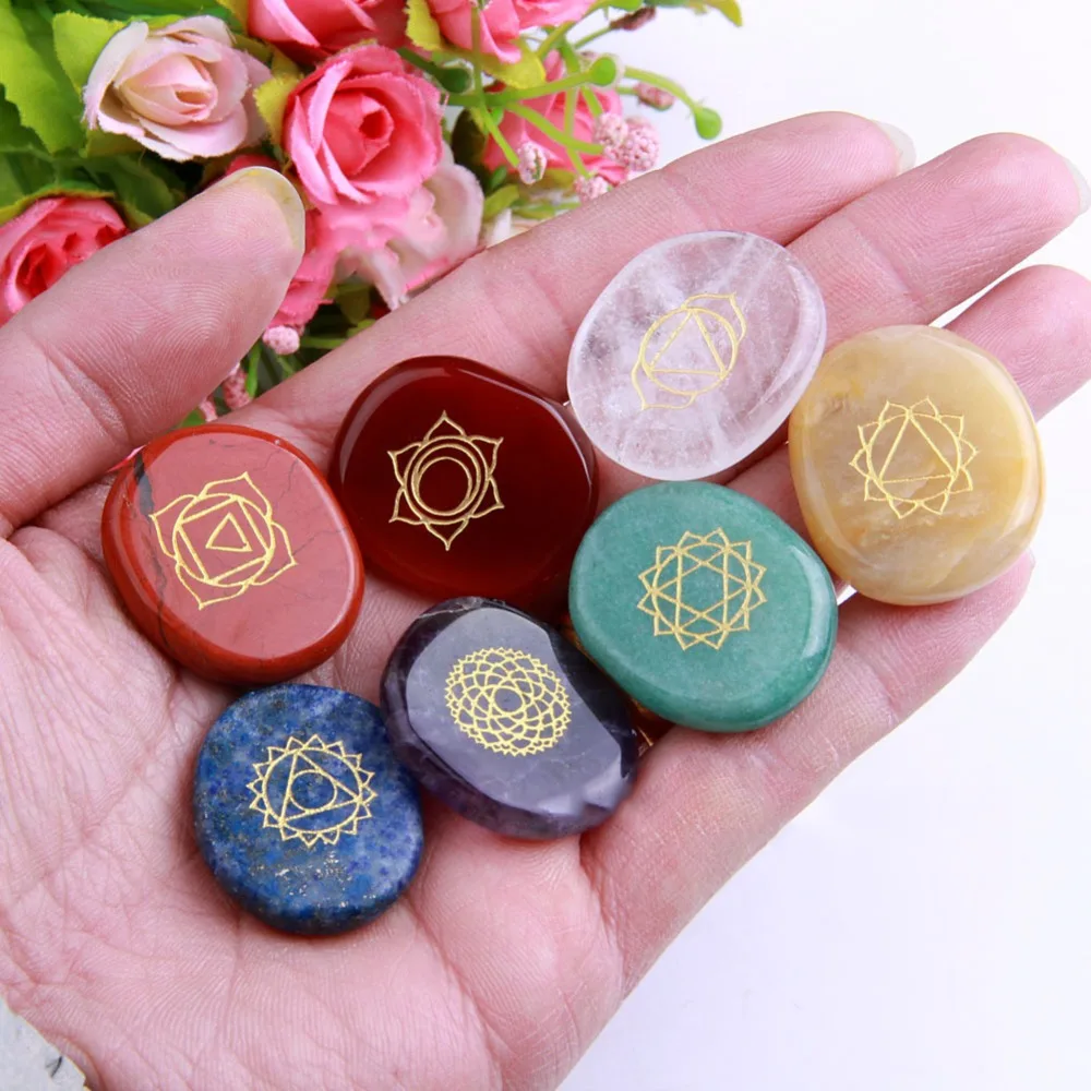 

Hot Sale7PC/Set Natural Crystal New Piece Chakra Engraved Chakra Stone Healing Crystalline Power Energy Artificial Stone #289496