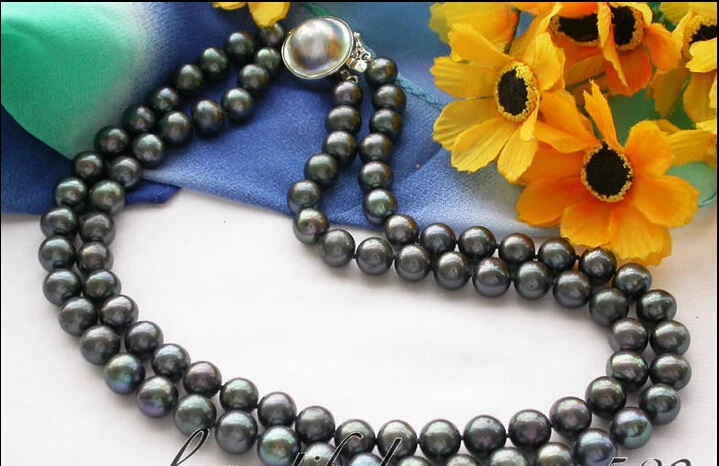 

FREE shippingz3232 AA++ 2ROW 11mm BLACK ROUND FW PEARL NECKLACE MABE 925SC