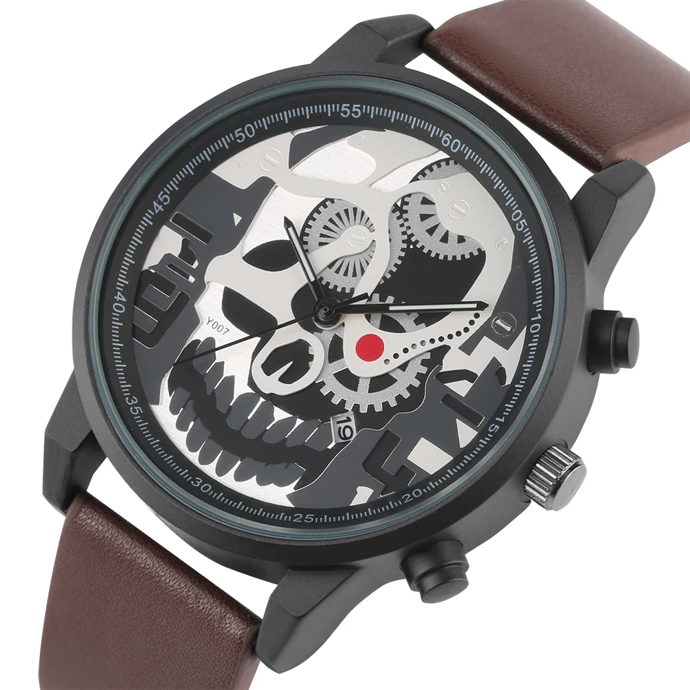 

Steampunk Skull Wheel Creative Man Watches Quartz Wrist Watch Men Leather Band Casual Sport Clock Hours 2018 New Arrival Gifts