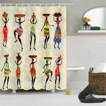 

Retro African Women Daily Life Shower Curtain Waterproof Bathroom Shower Curtain Water and Mildew Resistant Fabric Bath Curtain