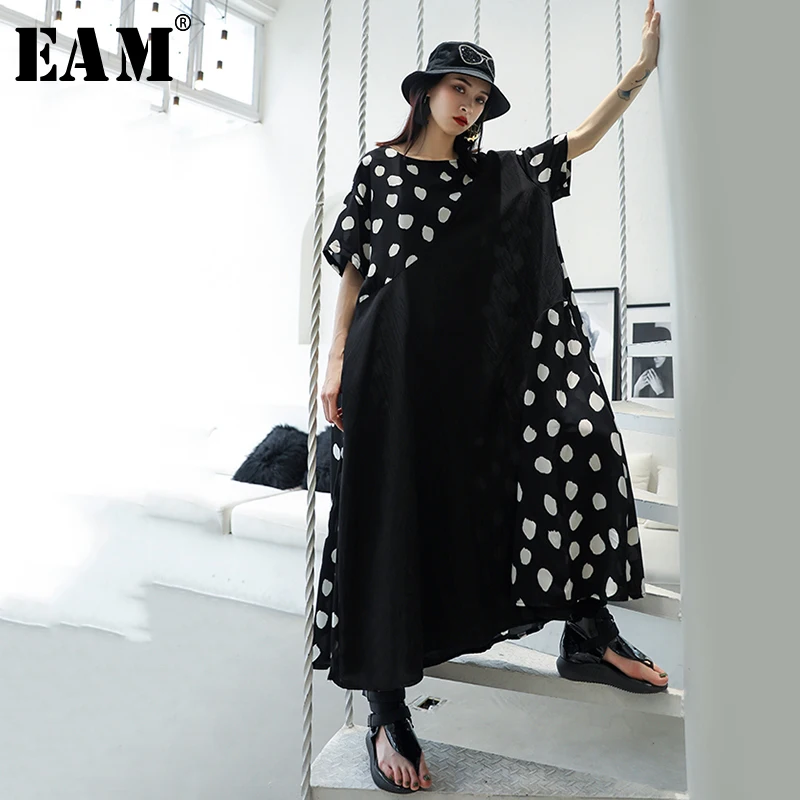 

[EAM] 2019 New Spring Summer Round Neck Short Sleeve Dot Pattern Spliced Draped Loose Big Size Dress Women Fashion Tide JX868
