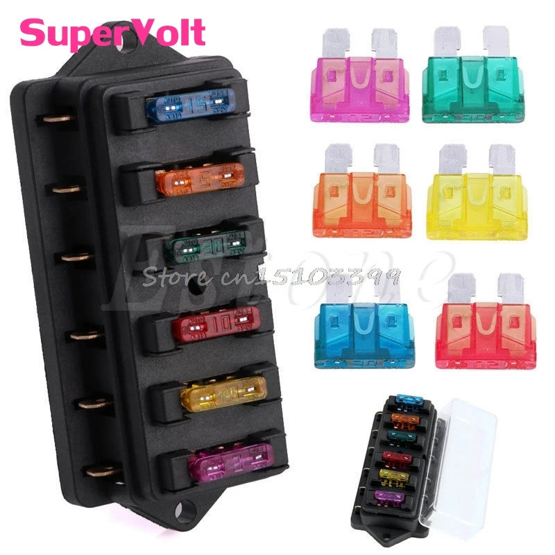 

New 12V/24V Car 6 Way Circuit Standard ATO Blade Fuse Box Block Holder + 6 Fuses G08 Drop ship