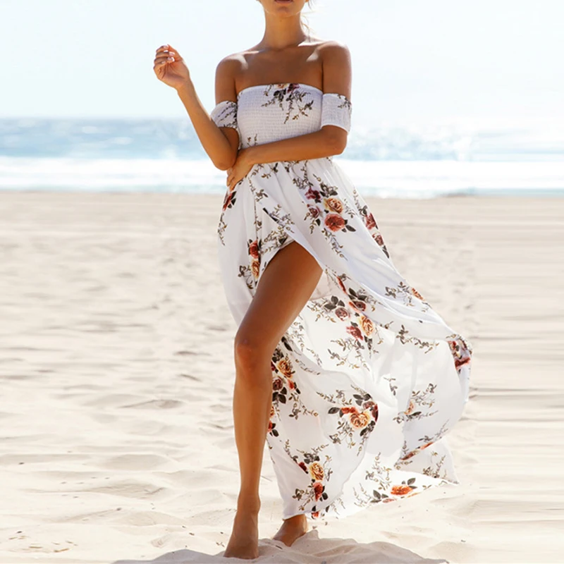 

Laamei Summer Dress Women 2019 Beach Floral Print Dresses Sexy Off Shoulder Boho Chiffon Maxi Dress Split Vestidos De Festa