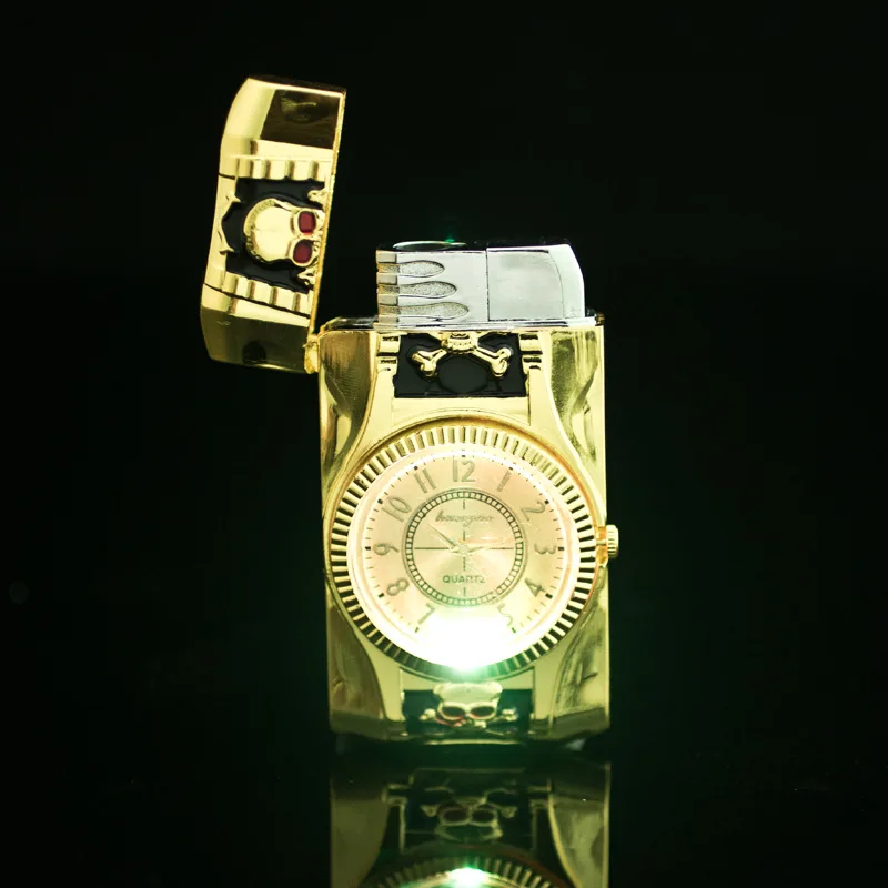 Модель черепа часы кварцевые Зажигалка компактная Бутановая струйная горелка сигарета прямая пожарная Зажигалка без газа подарок для мужчин