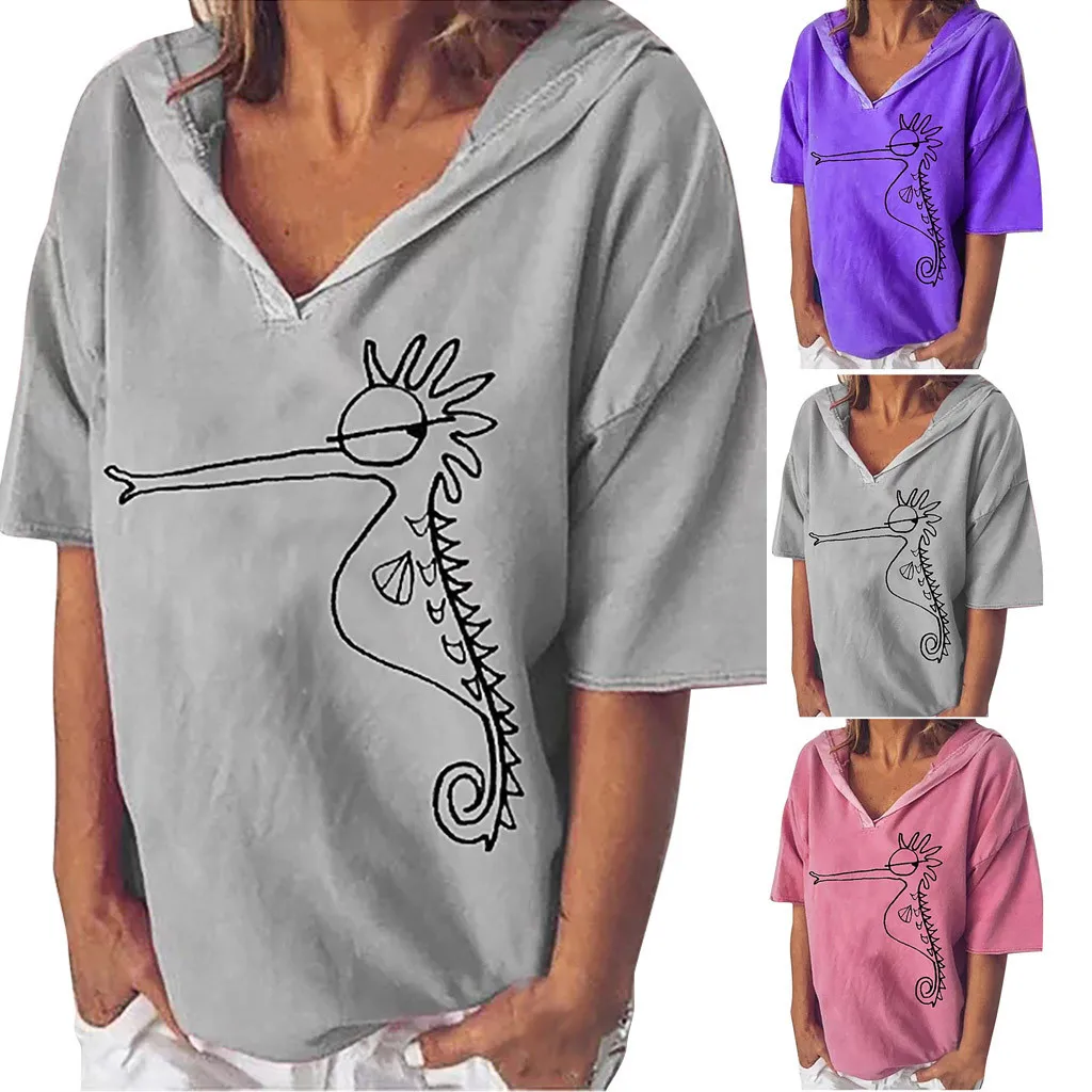 

Tshirt Women Plus Size V-Neck Half Sleeve Hooded Printed Tops T-shirt Poleras Camiseta Mujer Top Women Harajuku T Shirt Camisas