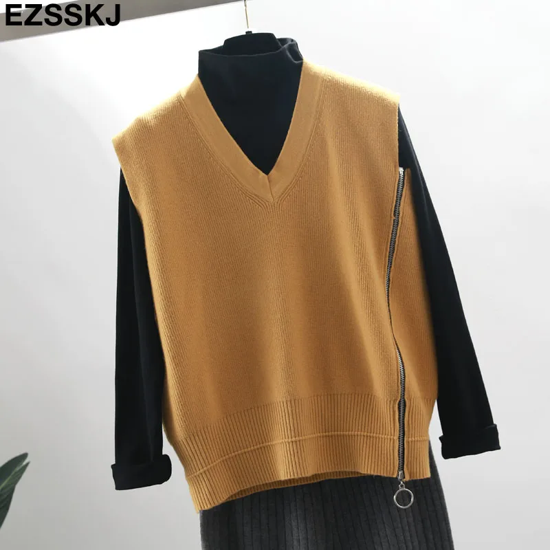 

2019 Spring Autumn zipper Sweater Vest Women Knitted tank top female casual Sleeveless knit sweater pullovers high quality