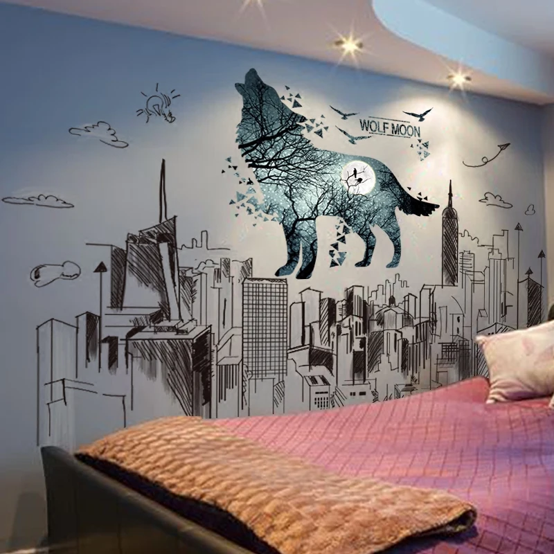 Us 6 7 39 Off Shijuehezi Wolf Animal Wall Stickers Diy Tall Buildings Mural Decals For Kids Rooms Living Room Home Decoration Accessories In Wall